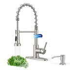 LUFEIDRA Kitchen Faucet with Pull Down Sprayer and Soap Dispenser, High Arc Spring 304 Stainless Steel Single Handle 1 or 3 Hole 2 Mode for Farmhouse RV Camper Laundry Bar Pot Filler (Brushed Nickel)