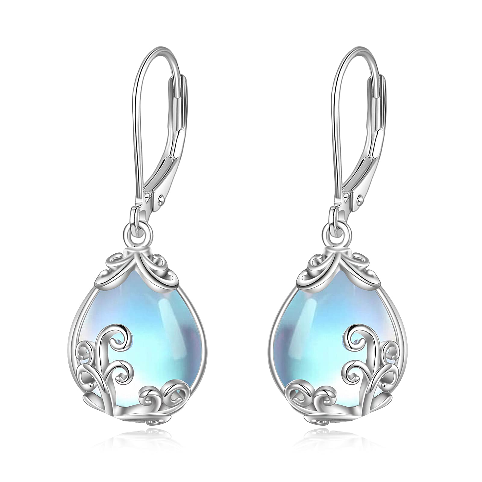 POPLYKE Moonstone Filigree Teardrop Drop Dangle Earrings Sterling Silver Leverback Earrings Moonstone Jewelry Gifts for Women