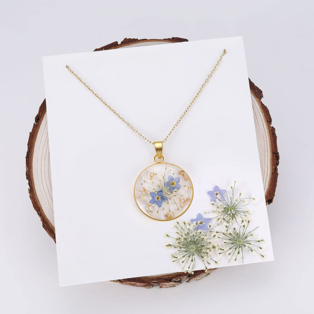 Forget-Me-Not and Queen Anne's Lace Pressed Wildflower Necklace | Gold Pressed Flower Necklace | Personalized Handmade Necklaces for Women | Forget-Me-Not Jewelry | Alaska State Flower Jewelry | 18”