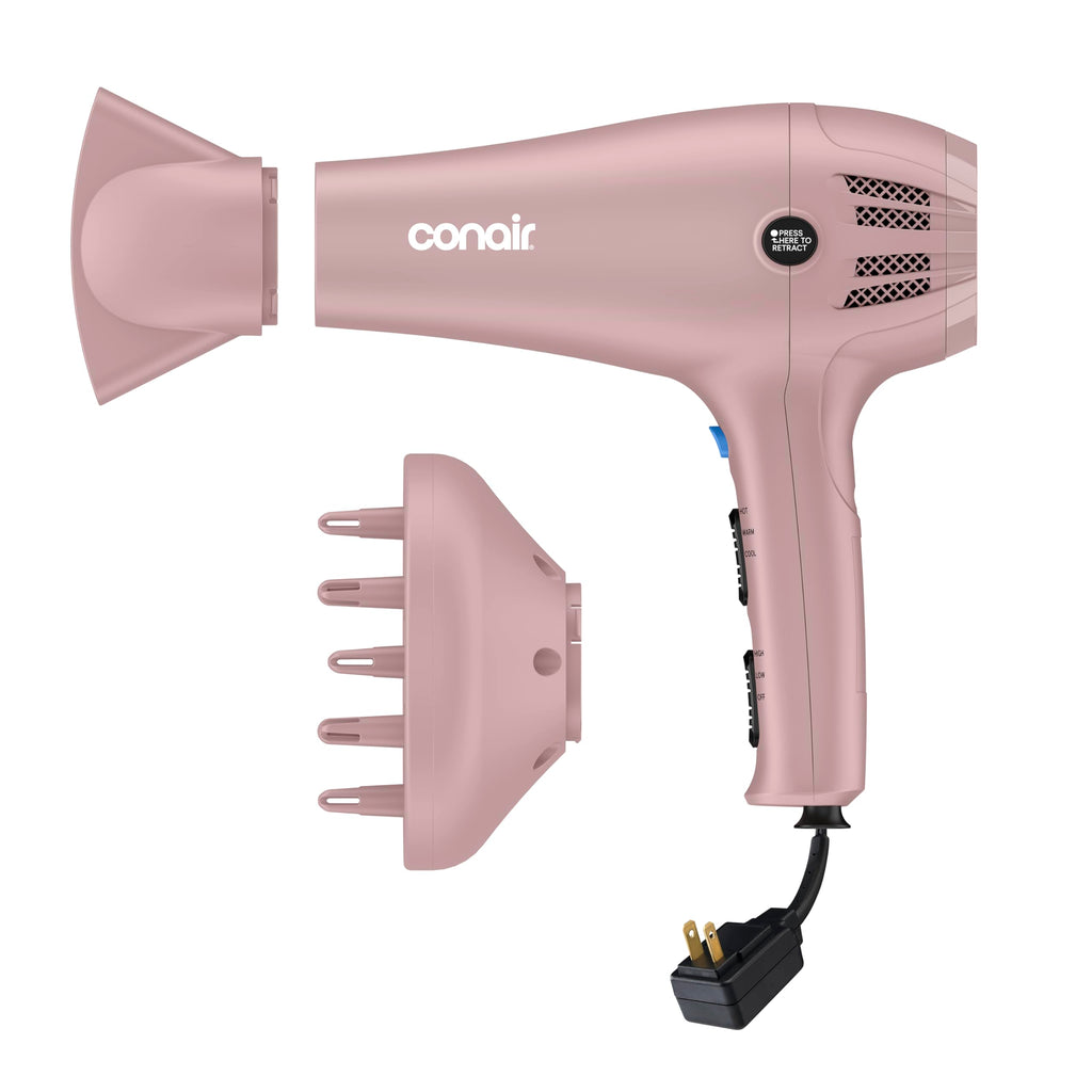 Conair Hair Dryer with Diffuser & Concentrator, 1875W, Matte Light Pink