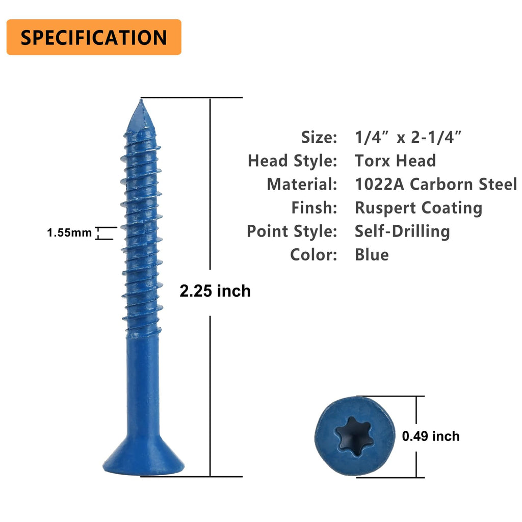 Allkeen 1/4" x 2-1/4" Concrete Screws, Anchoring to Masonry, Brick, Block, Cement or Stucco, 100PCS