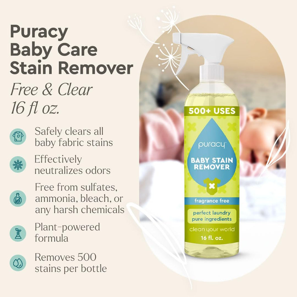 Puracy Stain Remover, Travel and Laundry Stain Cleaner for Clothes, Baby Essentials, Kids Stains, Oil and Fabric Spot Cleaner (Baby Stain Remover Spray, 16 fl oz)