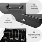 Jssmst Cash Box with Key Lock - 1mm Thick Metal Money Box for Garage Sales, Yard Sales and Petty Cash, Portable Cash Drawer with Coin Tray & Spill-Proof Foam Coin Cover, 4 No-Pinch Bill Clips,11.8''