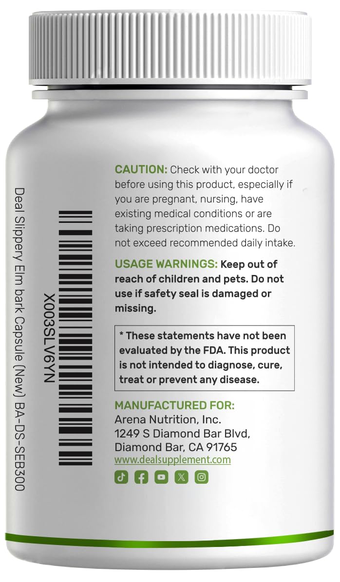 DEAL SUPPLEMENT Slippery Elm Capsules – 300 Pills, Made with Organic Inner Bark Powder Extract – Natural Herb for Soothing Throat & Digestive Support – Non-GMO