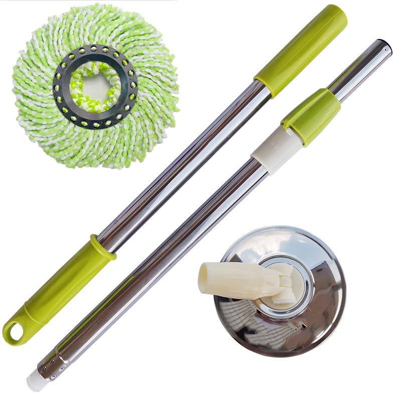 Spin Mop Replacement Handle, 47.6-inch 360 Degrees Rotating Telescopic Replacement Mop Stick with a Robust Stainless Steel Disc for Spin Mop Bucket Cleaning System (Stainless Steel Disc,Green)