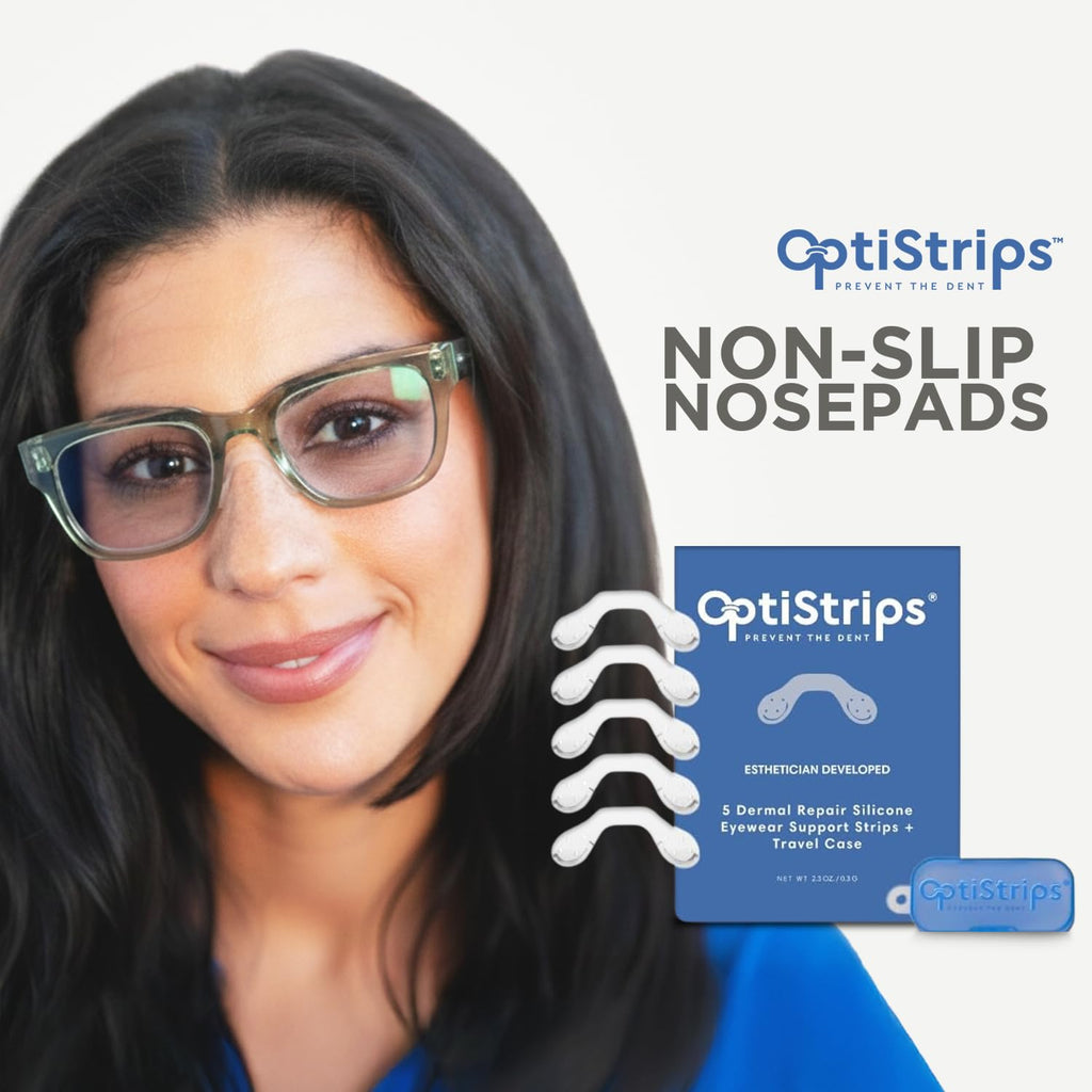 OptiStrips Silicone Eyeglass Nose Pads – 5-Pack Anti-Slip Nose Pads for Glasses with Travel Case – Hypoallergenic, Non-Slip Eyewear Support Strips – Reusable Nose Grips for Eyeglasses