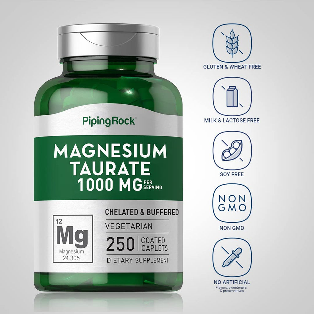 Piping Rock Magnesium Taurate | 1000mg | 250 Caplets | Chelated and Buffered | Vegetarian, Non-GMO, Gluten Free Supplement