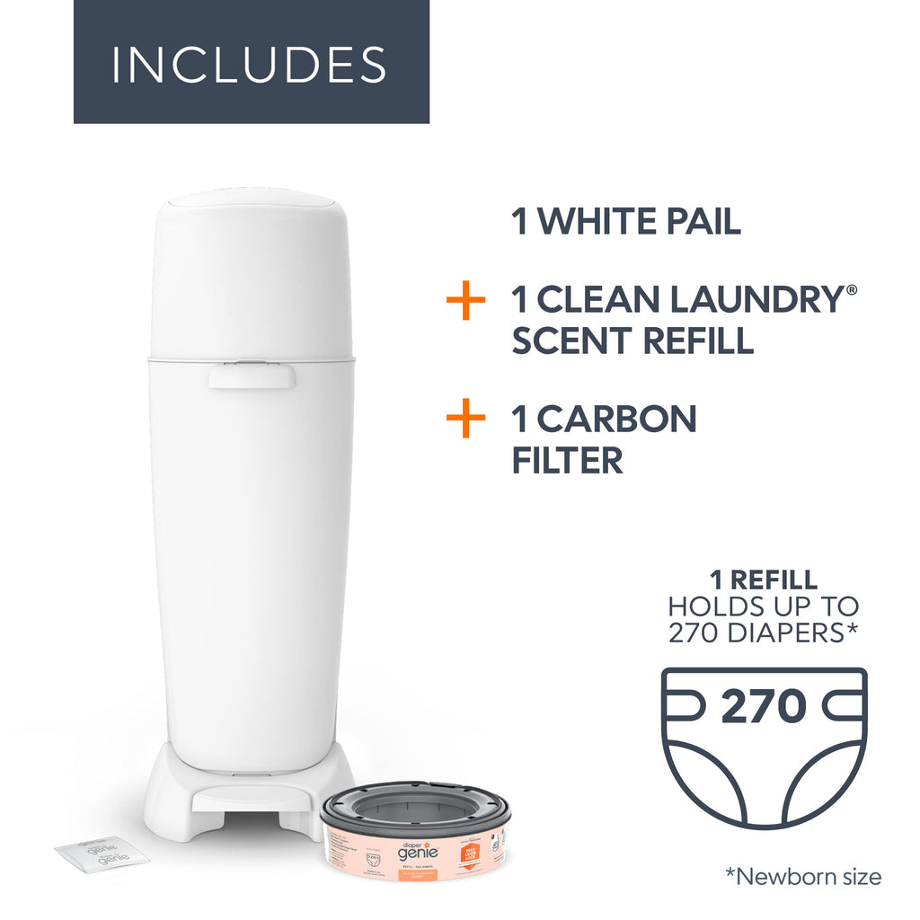 Diaper Genie Complete Diaper Pail (White) – Includes 1 Refill (Holds 270 Newborn Diapers) & 1 Carbon Filter