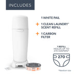 Diaper Genie Complete Diaper Pail (White) – Includes 1 Refill (Holds 270 Newborn Diapers) & 1 Carbon Filter