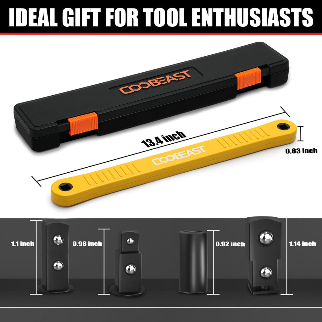 coobeast Offset Extension Wrench Impact Ready Socket Wrench Extender Tool with Versatile 1/4", 3/8", and 1/2" Square Drive Adapters, Universal Extensions Wrench for Small Place, Yellow