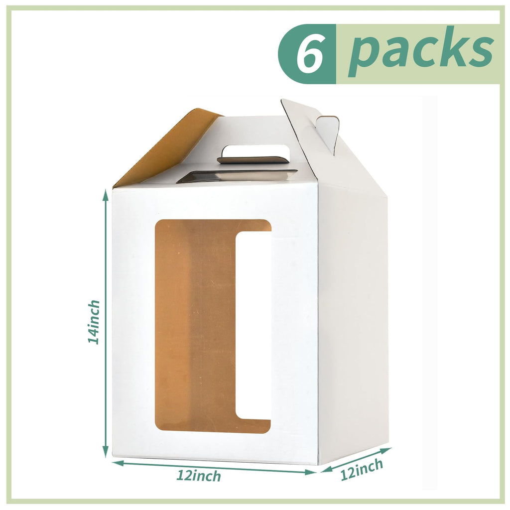 Hzzycaxli 6 Pack Tall Cake Boxes for Tier Cakes with windows,12x12x14 Inch Large Tiered Cake Box,10in 12in Tall Cake Carrier,large Layer cake box Cake Containers