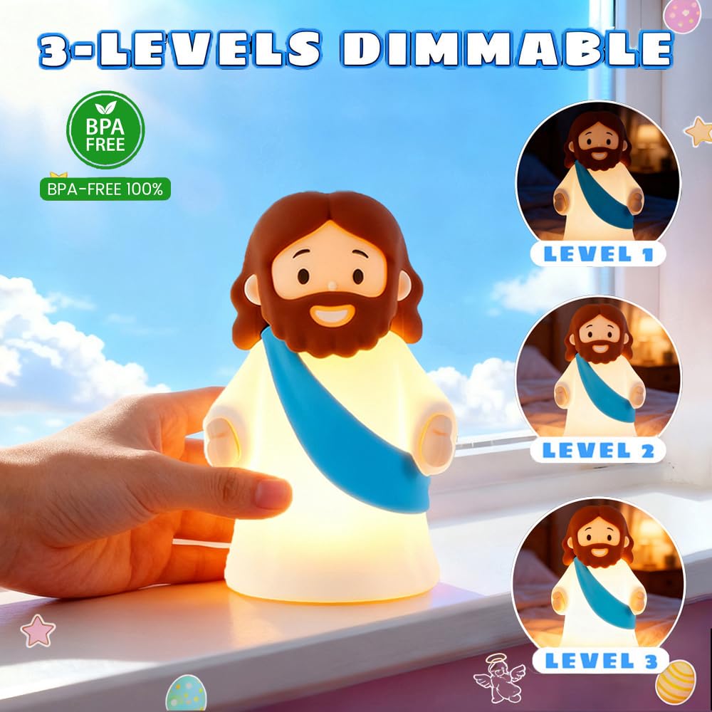 Jesus Night Light Rechargeable Bedside Night Light Dimmable Silicone LED Light Ideal for Religious Gatherings, Gifts for Sunday School, Baptism Presents, Easter Egg Decorations (blue) (Blue)
