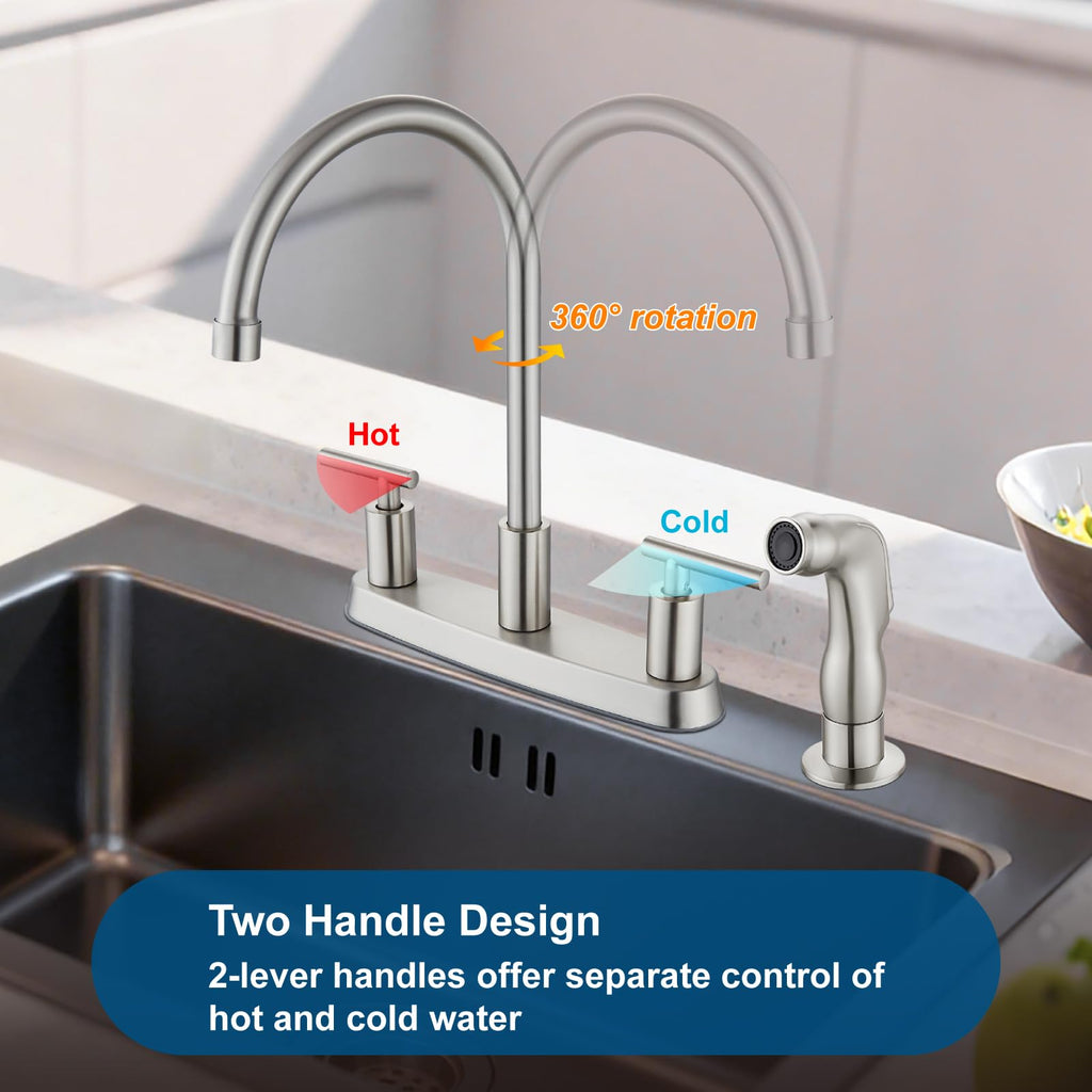 Cinwiny Kitchen Faucets, High Arc 360°Rotating Spout Kitchen Sink Faucet, 2 Handle 8 Inch Centerset RV Kitchen Faucet with Supply Lines, 3 or 4 Hole Kitchen Faucet with Side Sprayer, Brushed Nickel
