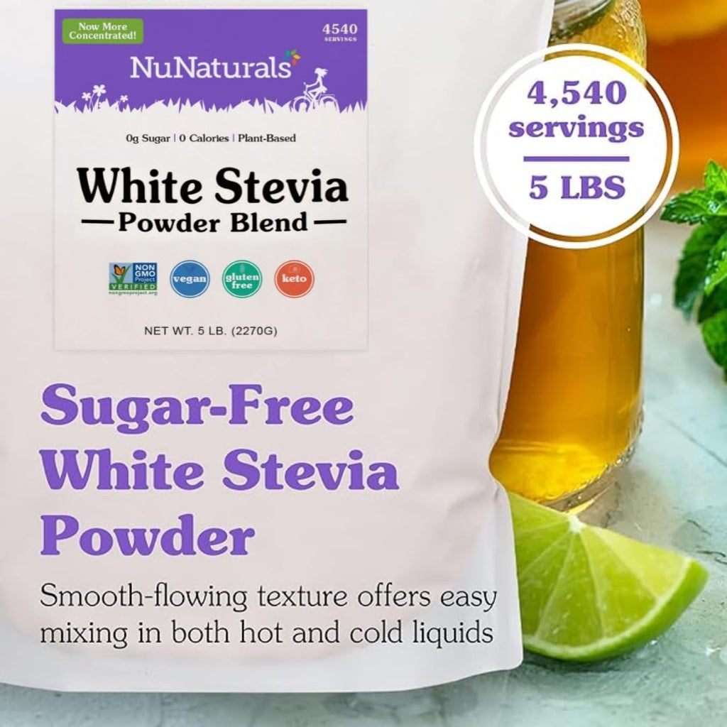 NuNaturals White Stevia Powder Blend, Plant-Based Sugar Substitute, Zero Calorie Sweetener, 5 lbs
