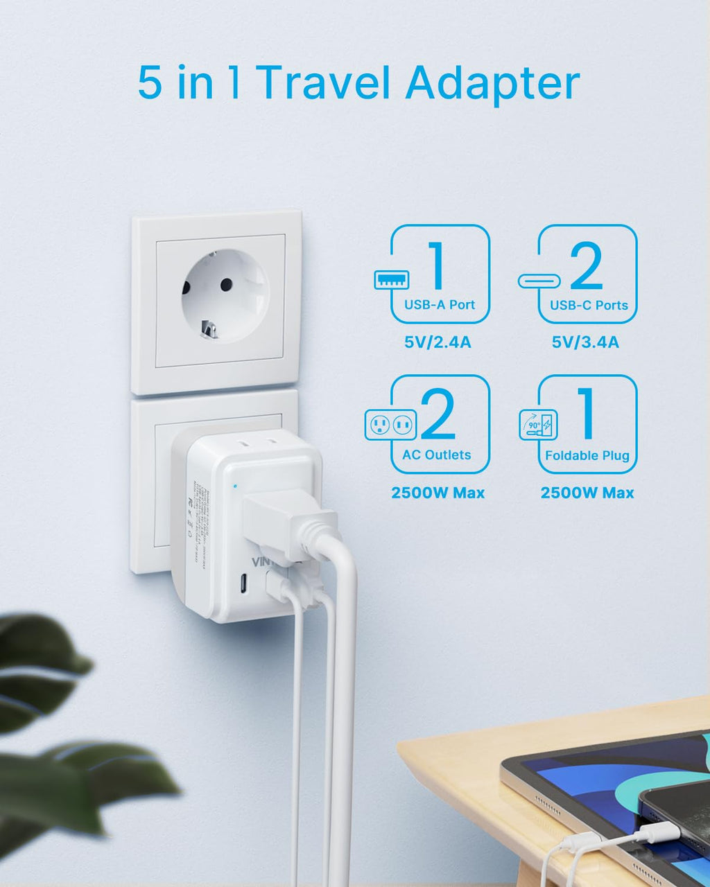 2 Pack European Travel Plug Adapter, VINTAR Foldable International Power Adapter with 2 AC Outlets 3 USB Charging Ports(2 USB C), Type C Power Adaptor to Most Europe Italy Spain France Iceland Germany