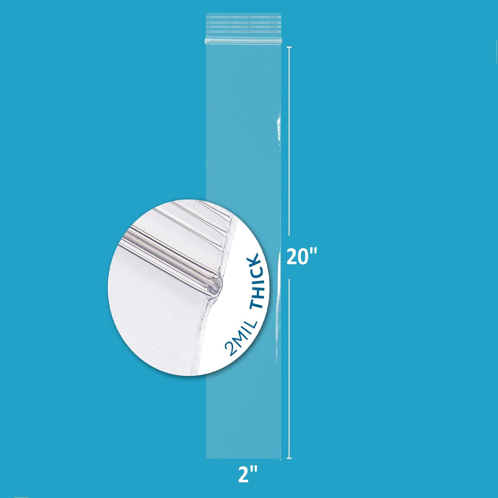 2" x 20" Super Extra Long Zip Bags, 500 Pack, Clear Plastic Reclosable Zip Baggies, 2 Mil Thick, Resealable Poly Bags for Packaging Insence, Necklaces & Jewelry. GPI