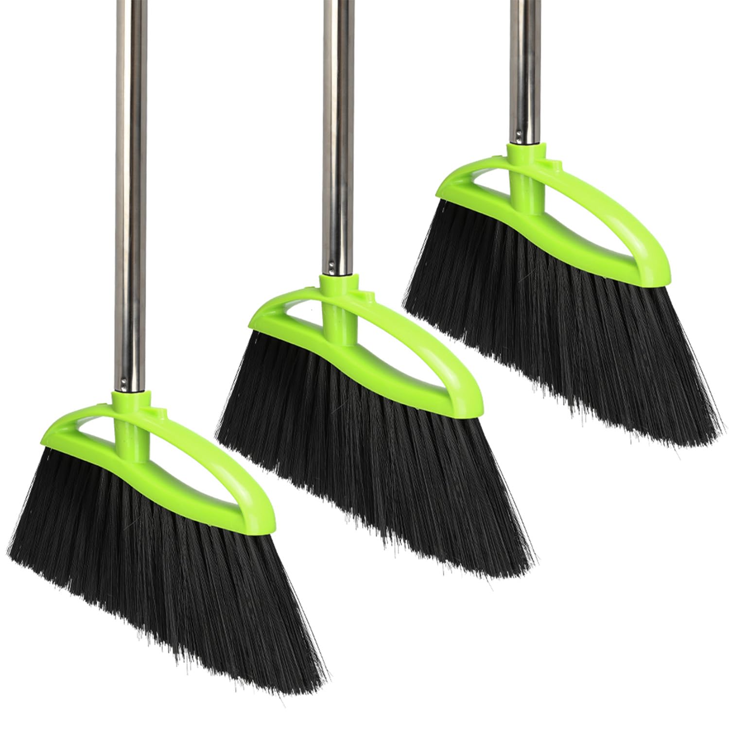 3 Packs Indoor Brooms Green Angle Broom Soft Bristles Long Handle for Hardwood Floor Sweeping