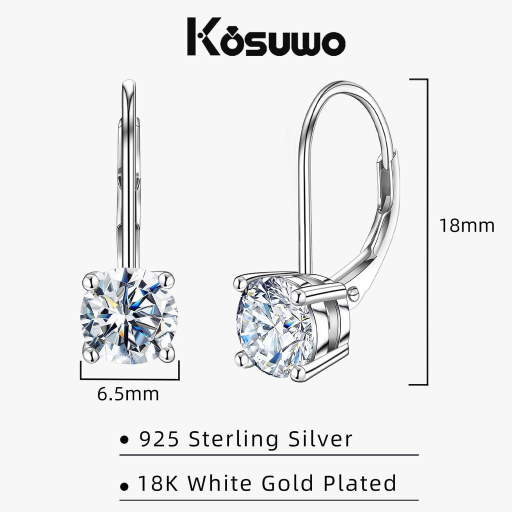Moissanite Earrings for Women 2.0CT D Color,18K White Gold Plated Sterling Silver Dangle Earrings, Leverback Drop Earrings Jewelry for Gifts (18K White Gold, 2.0CT (1.0CT*2) - 6.5mm)