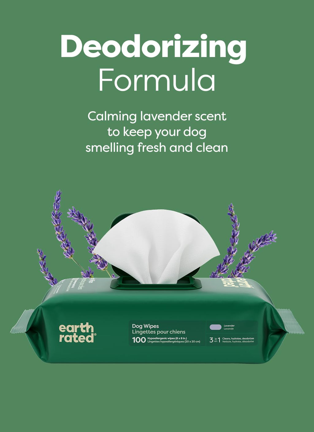 Earth Rated Dog Wipes for Paws & Butt, Deodorizing, Lavender, 400ct