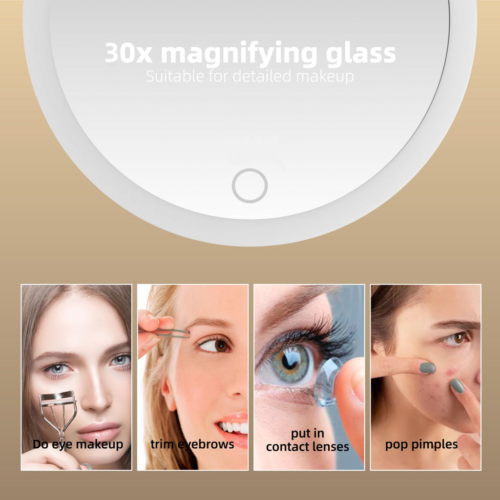JJhxr 30X Magnifying Mirror with Lights, 6inch Makeup Magnified Mirror 30X Lighted Travel Magnification with 3 Suction Cups and 360° Adjustable Stand- Includes Tweezers & Scissors
