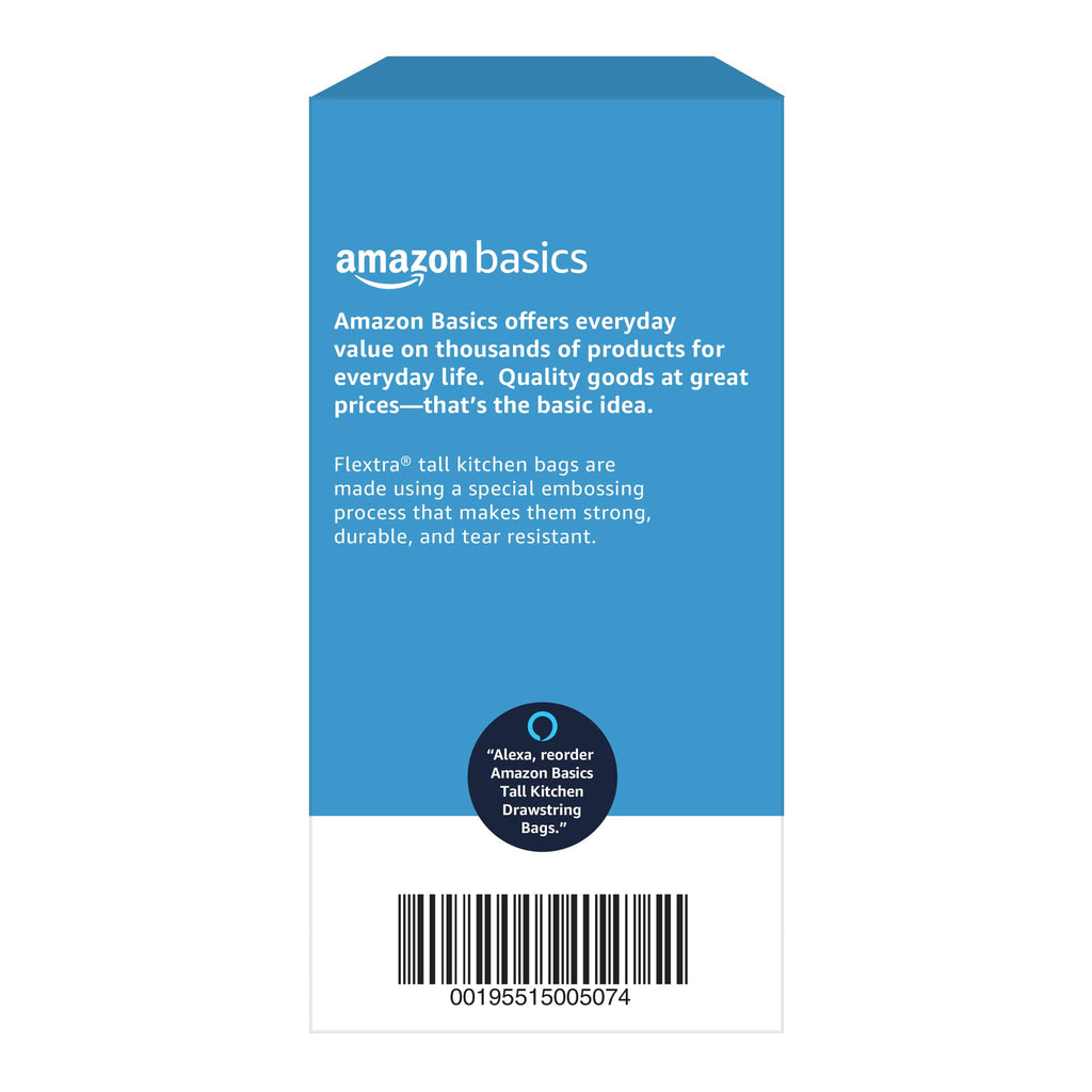 Amazon Basics 13 Gallon Flextra Strength Tall Kitchen Drawstring Trash Bags, Tear Resistant, 120 count