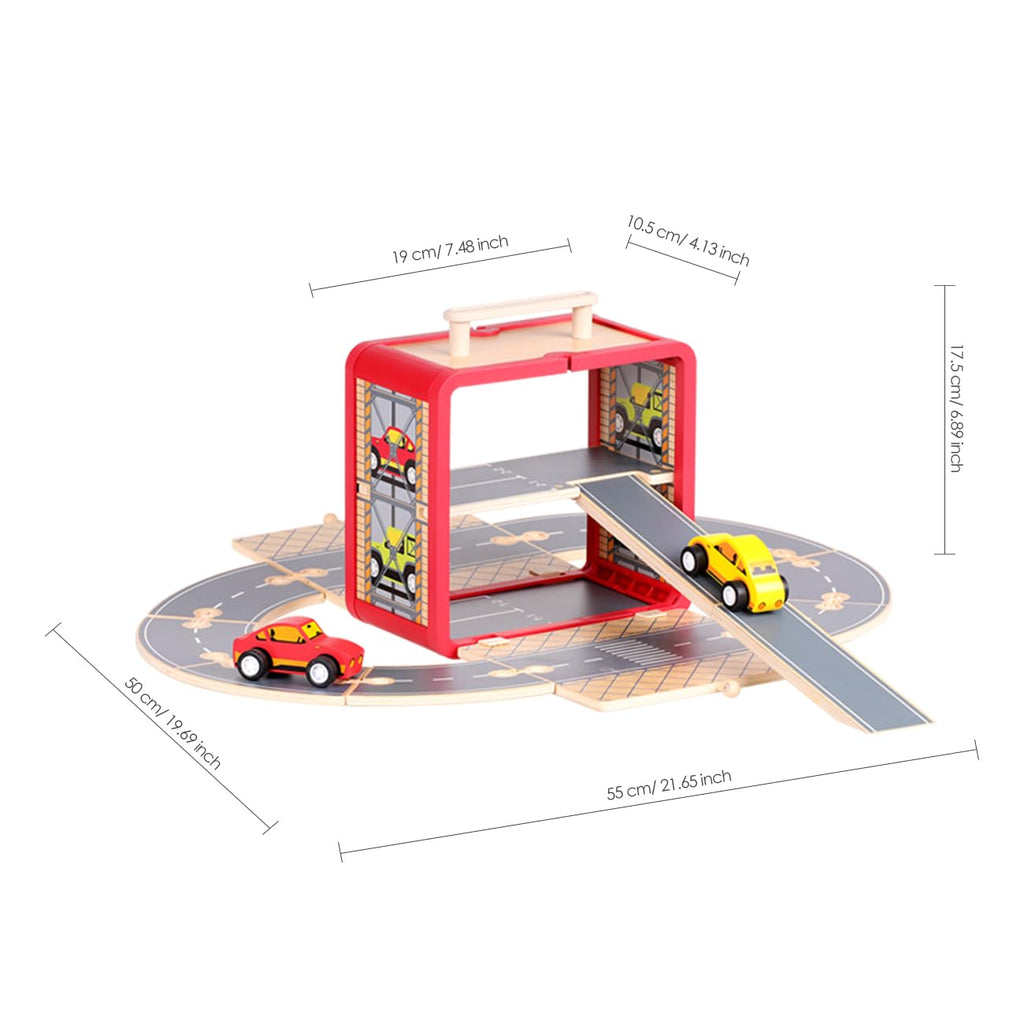UDEAS Wooden Toy Car Set for Toddlers, Car Track and Parking Garage Playset, Toy Vehivle Set with Blocks Storage Box for Kids Boys and Girls