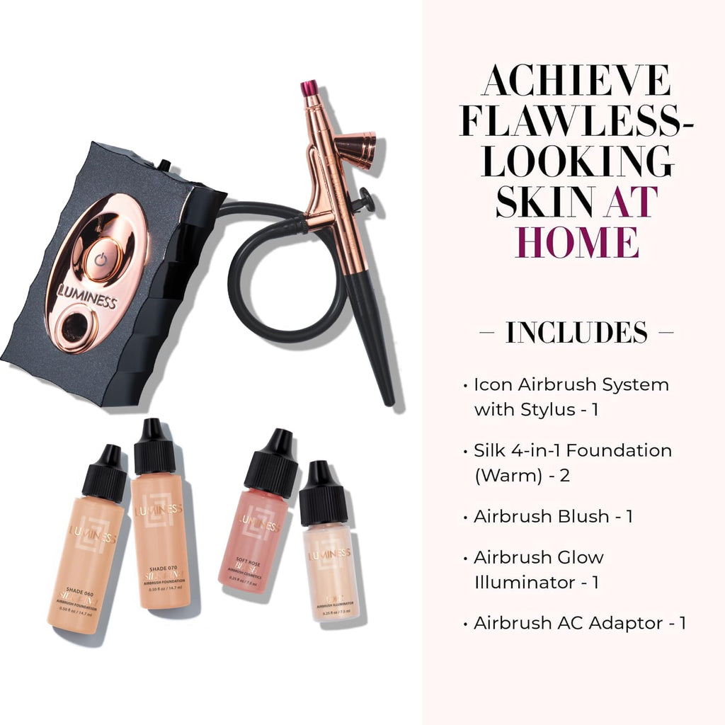 Luminess Air Icon Makeup Airbrush System and 4-Piece Foundation Starter Kit, Warm Coverage - Quick, Easy & Long Lasting Application - Includes Silk 4-In-1 Foundation, Highlighter & Blush