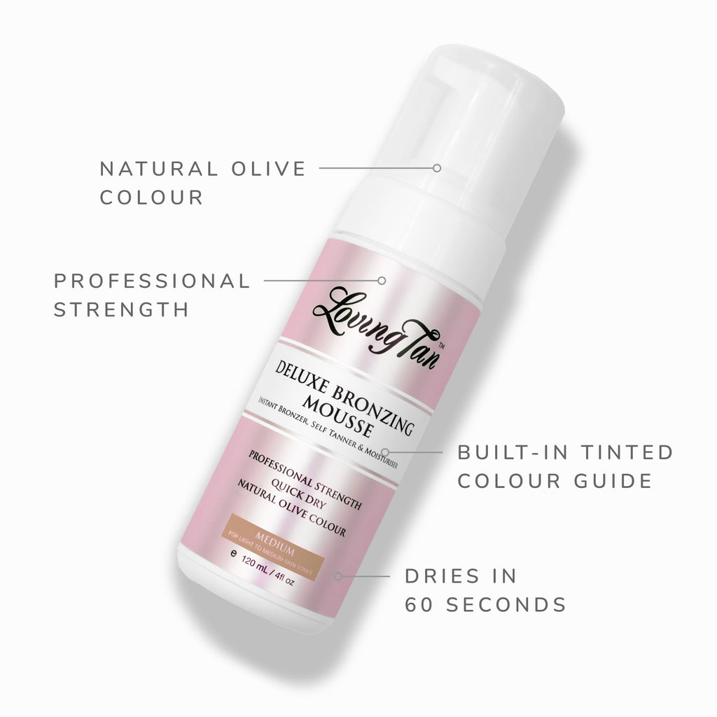 Loving Tan Deluxe Self Tanning Bronzing Mousse, Medium - Streak Free, Professional Quality Sunless Tanning - Up to 5 Self Tanner Applications per Bottle, Cruelty Free, Naturally Derived DHA - 4 FL Oz