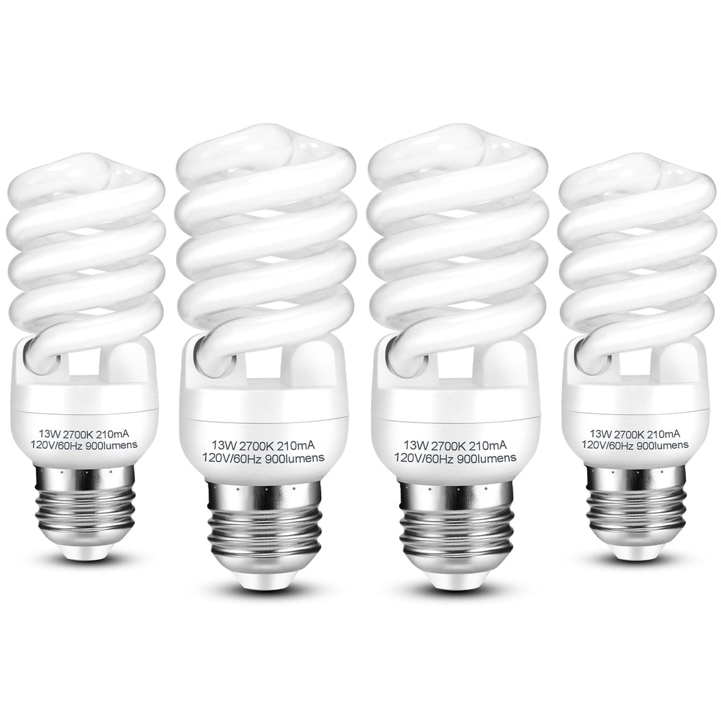 Barfelty E26 CFL Light Bulbs 13Watt, T2 Spiral Soft White 2700K 900lm E26 Medium Base Compact Fluorescent Light Bulbs, UL Approved, 120v 60Hz, Self Ballasted CFL Bulbs (60Watt Equivalent), Pack of 4