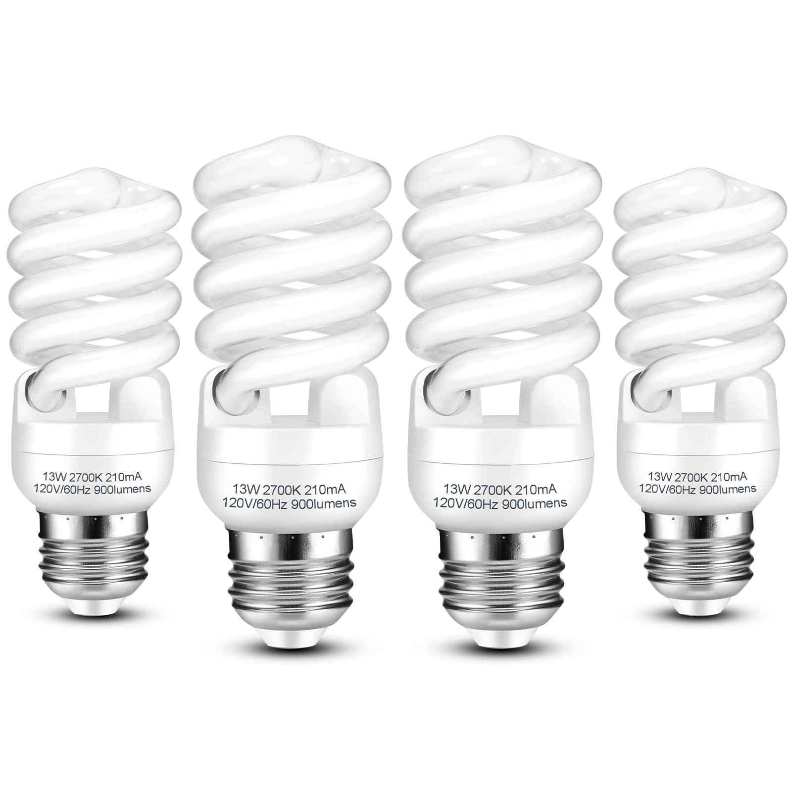 Barfelty E26 CFL Light Bulbs 13Watt, T2 Spiral Soft White 2700K 900lm E26 Medium Base Compact Fluorescent Light Bulbs, UL Approved, 120v 60Hz, Self Ballasted CFL Bulbs (60Watt Equivalent), Pack of 4
