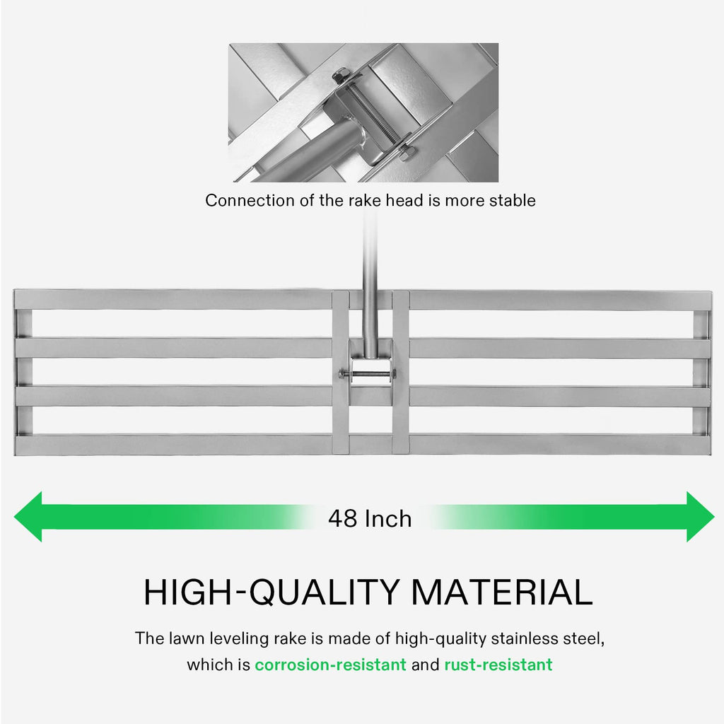 VIVOSUN 48" Lawn Leveling Rake, 48" x 10" x 78" Heavy-Duty Stainless Steel Lawn Leveler with 7FT Adjuatble Long Handle for High Effect, Metal Levelawn for Smooth Soil, Rustproof Rakes for Garden Yard