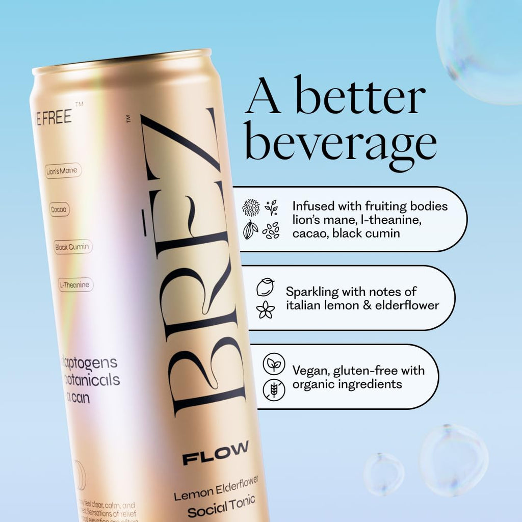 BRĒZ FLOW Lion’s Mane Mushroom Drink 48 Pack, Lemon Elderflower, Supports Mood & Focus, Non-Alcoholic Sparkling Adaptogen Drink, Functional Mushrooms, Feel Clear, Calm & Refreshed- 12 Fl oz Cans