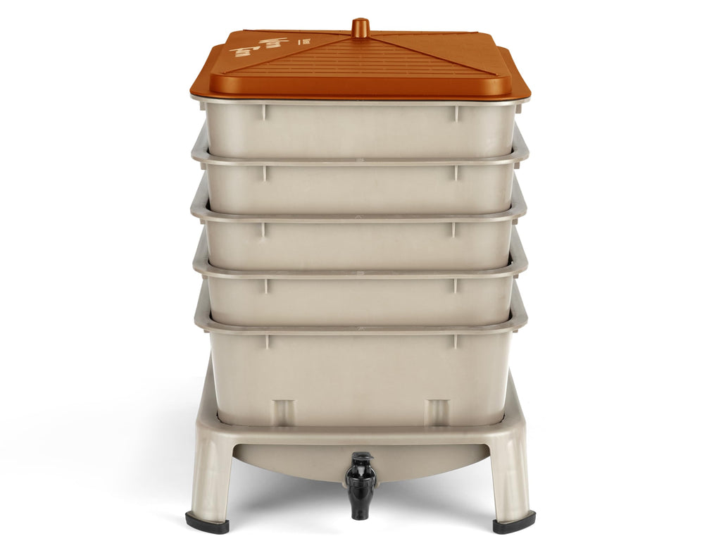 Blütezeit 5-Tray Worm Compost Bin, 53QT Outdoor & Indoor Worm Composter with Worm Farm Starter Kits for Home & Kitchen Recycling Food Waste (Gold)