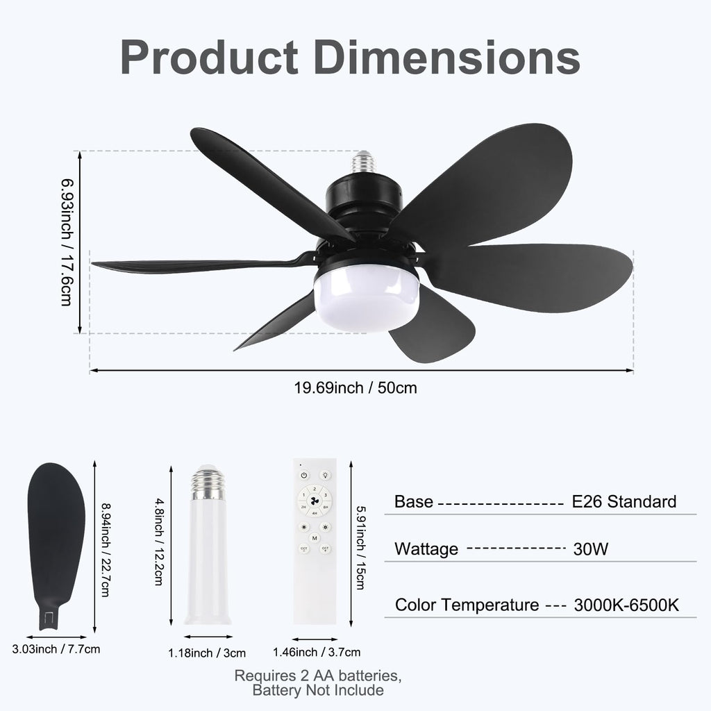 We Charger Socket Fan Light, Light Bulbfan with Remote Dimmable, 20.5IN for Garage Kitchen Balcony Living Tools Store Laundry Room (Black)