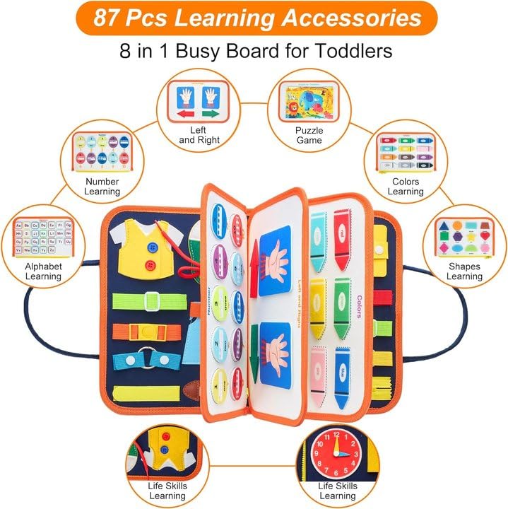 Freebear Busy Board Toddler Travel Sensory Toys for 1 2 3 4, Montessori Learning Activities Board, Educational Toys for 3 4 Year Old Boys Girls Gift, Classic