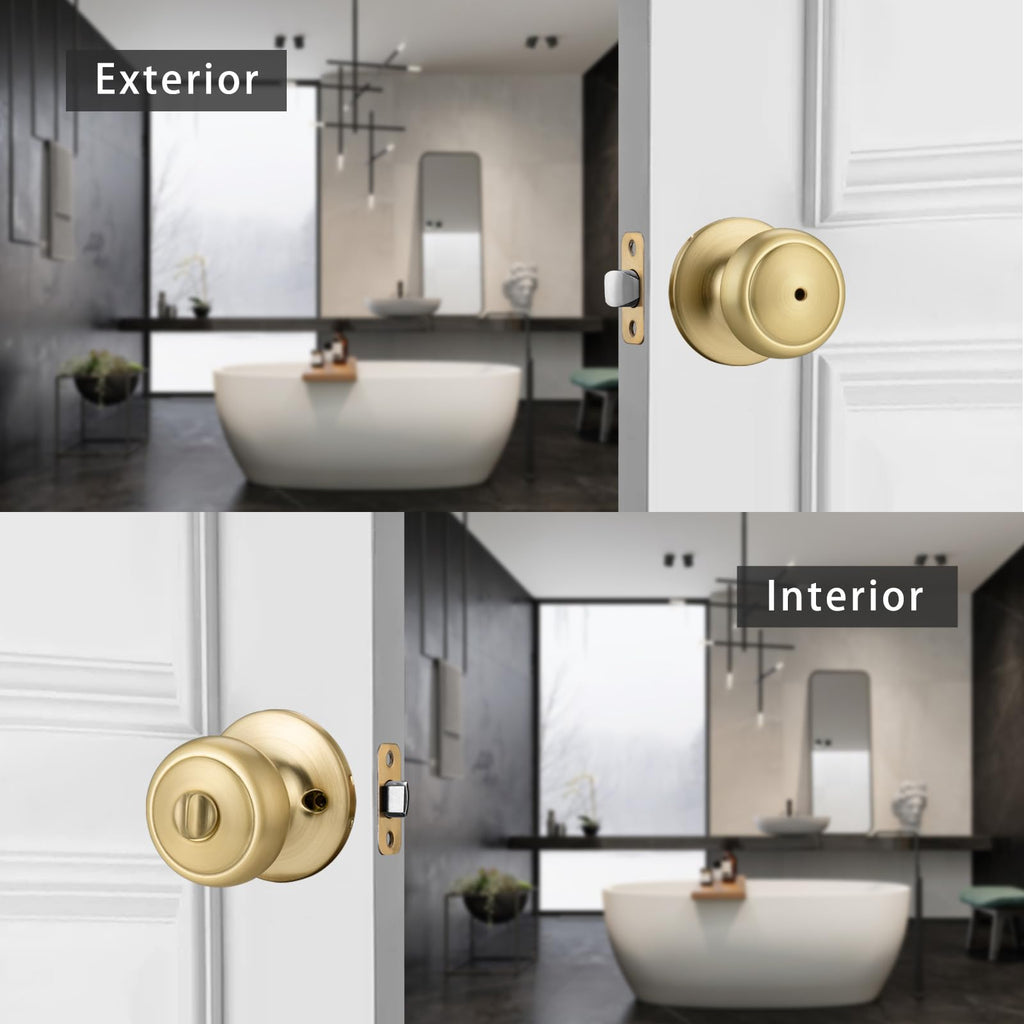 NCSEN 3 Pack Gold Door Knobs,Interior Door Knob with Lock,Coastal Style Satin Brass Door knob for Privacy and Bedroom