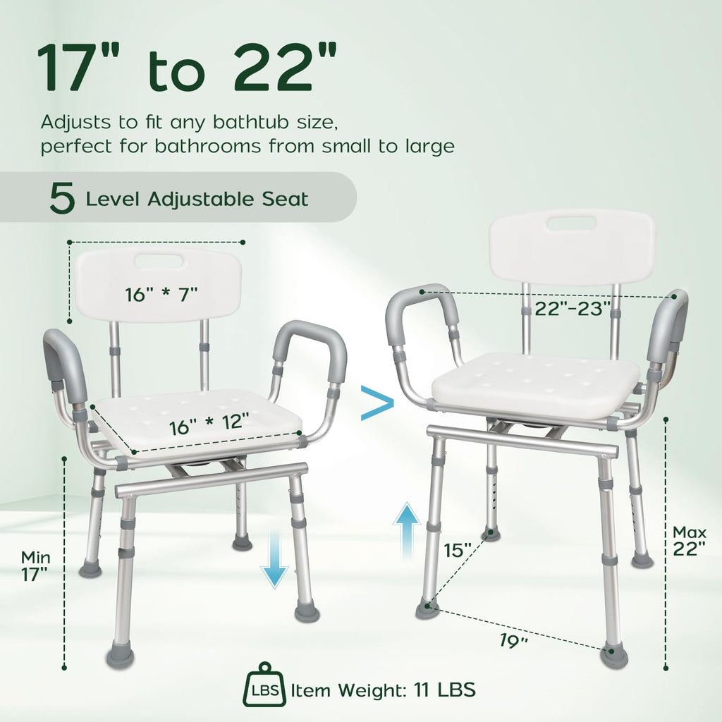 Swivel Shower Chair with Arms and Back, 450lbs Heavy Duty Shower Chair for Elderly and Disabled, Handicap Shower Chairs for Inside Shower Stool & Bath Tub Seat for Adults