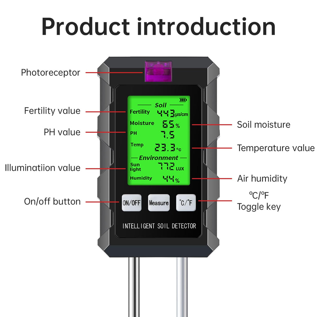 6-in-1 Digital Soil Tester, Soil Moisture Meter and pH Tester for Plants, Tests Moisture, pH, Fertility, Temperature, Sunlight and Air Humidity for Garden and Lawn (2*AAA Batteries Needed)