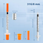 100 Pack Syringes with Needle, 1ml 31G 5/16 Inch 8mm Disposable Syringe, U-100 Lab Tools, Individual Wrapped