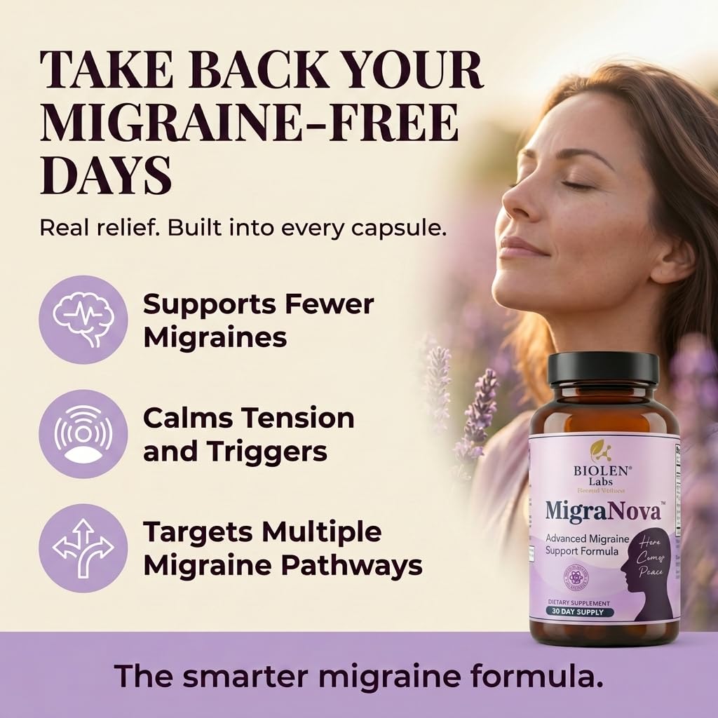 MigraNova - Migraine Relief & Daily Prevention for Migraine Sufferers - Magnesium & Riboflavin B2 + NeuroCalm Blend with Feverfew, CoQ10 & Ginger, Vegan, USA Made, 120 Capsules