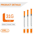 jeringas con agujas para inyectar, 0.5mL 31G 5/16" (8mm) jeringas de insulina, Individually Wrapped, 100 Pack