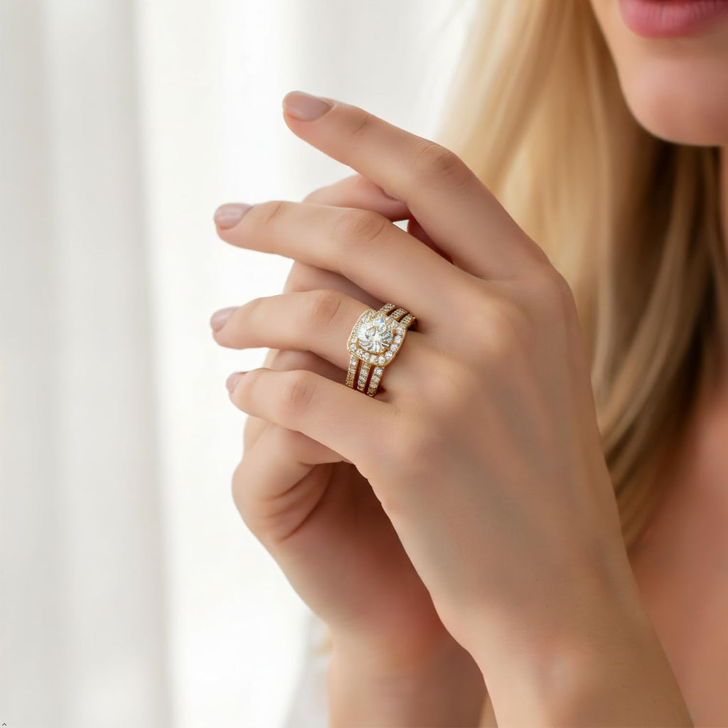 18K Gold Plated Cubic Zirconia Halo 3-in-1 Wedding Ring Set for Women