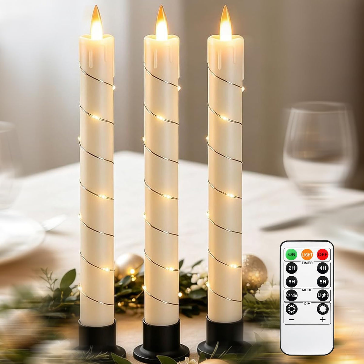 Flameless Cone Candle with Built-in Star String Light, 11-Button Remote Control, Timer, Battery Powered, Simulated Flame, 3-Pack Window Candle, Christmas Home & Wedding Decoration (Ivory)