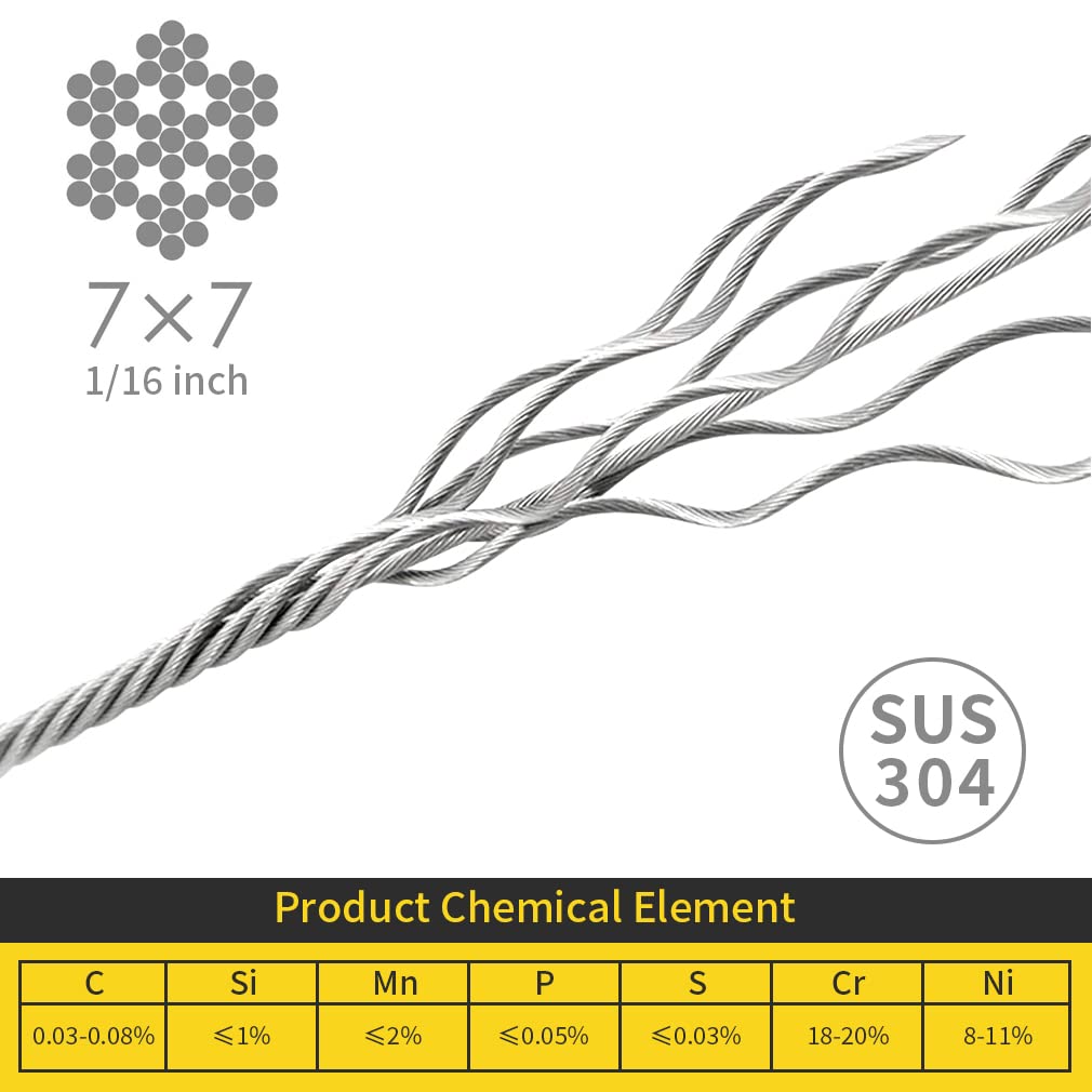 1/16 Wire Rope, 600FT 304 Stainless Steel Cable with 200Pcs Crimp Sleeves, Aircraft Grade, 7x7 Strand, 368lbs Breaking Strength, for Garden Trellis, Clothesline, Railing,Trellis