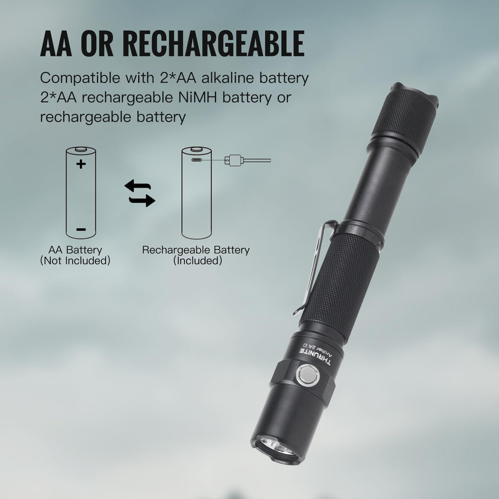 ThruNite Archer 2A C LED Rechargeable Flashlight, High 1000 Lumens AA Flashlight with USB-C, Dual Switch Bright Flashlights for Camping Hiking Emergency, IPX8 Waterproof - Cool White