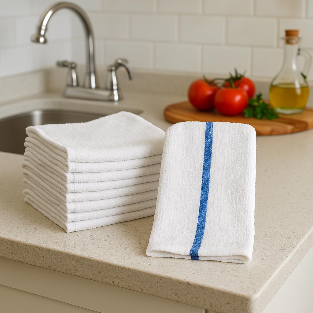 ZUPERIA Bar Mop Towels - 60 Pack (16"x19") - 100% Cotton High Absorbency Kitchen Towels – Reusable Dish Cloths, Quick-Dry Rags with Blue Stripe – Ideal for Restaurants, Cooks, Bartenders & Homes