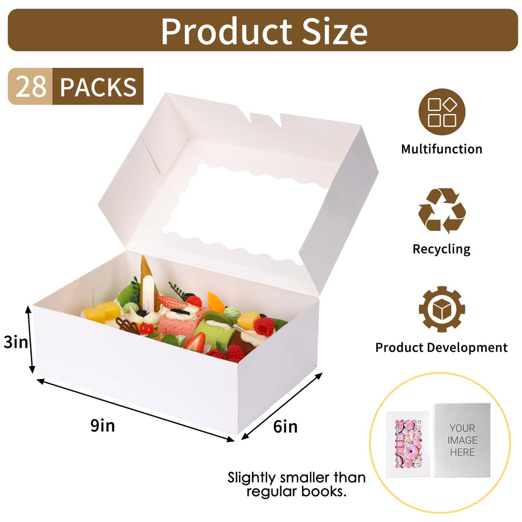 Moretoes 28pcs Cookie Boxes with Window, 9x6x3in Auto-Popup Bakery Boxes