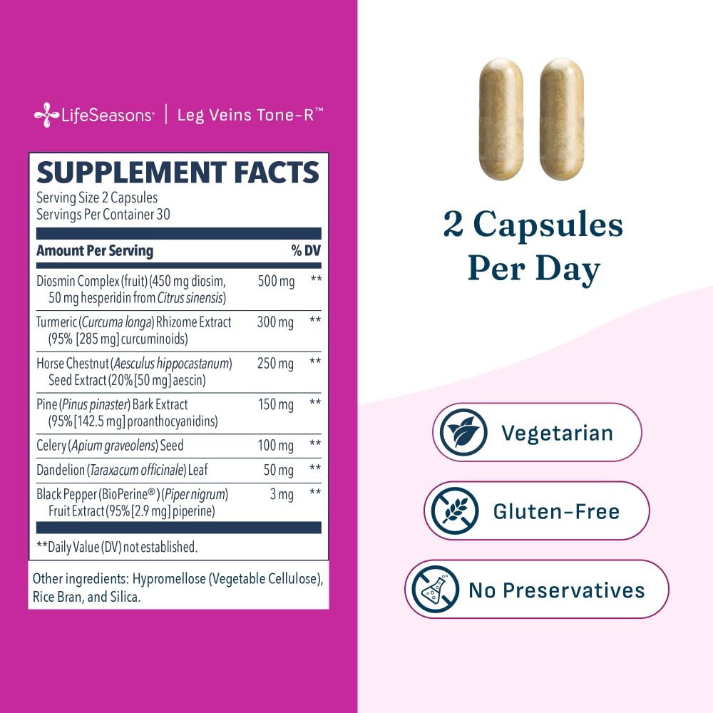 LifeSeasons Leg Veins Tone-R - Supports Vein Health & Circulation - Reduces Spider Veins, Restlessness & Heavy Legs - Enhances Vascular Strength - Diosmin, Horse Chestnut & Turmeric - 60 Capsules