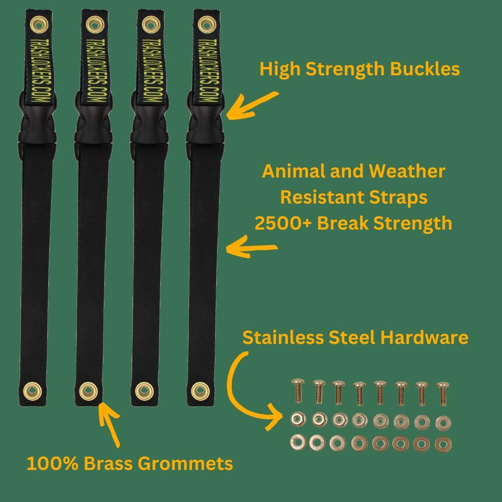 Ultimate Black Bear Trash Lock -Certified Black Bear Resistant, Patented, Animal Proof EXISTING Trash cans, Four Straps. Also Works for Wind, Raccoon, Opossum, and Other varmints/Critters