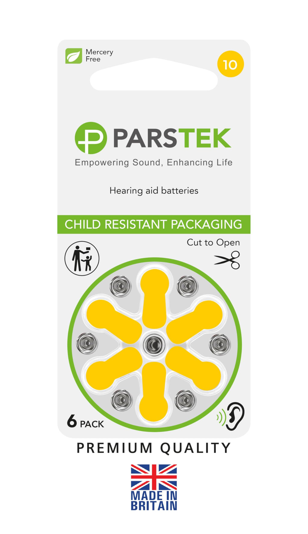 ParsTek Hearing Aid Batteries | Size 10 | Zinc-Air & Mercury Free | Long Lasting | Child Resistant Packaging | 1.45V | 60 Batteries